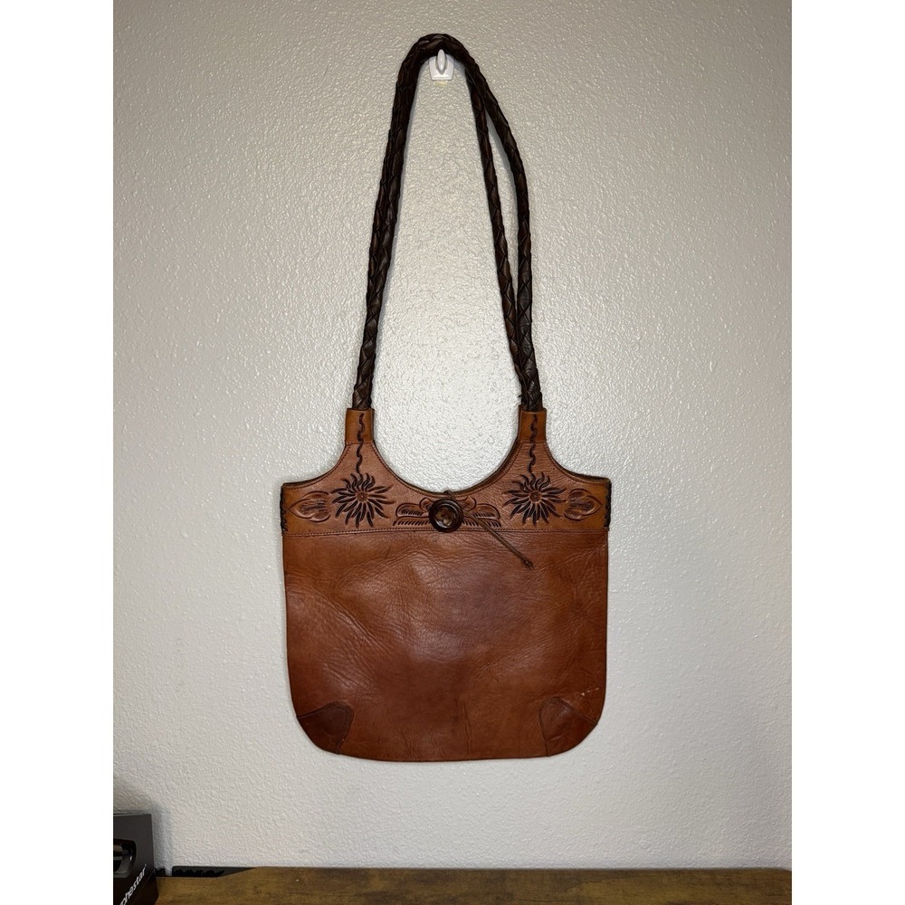 Vintage Hand Tooled Leather Crossbody Bag Purse Brown Hippie Boho